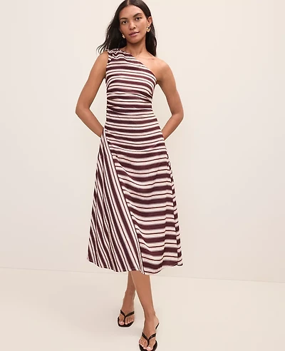 Ann Taylor Petite Striped One-Shoulder Midi Dress Rich Walnut Women's