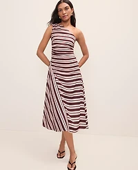 Ann Taylor Petite Striped One-Shoulder Midi Dress Rich Walnut Women's
