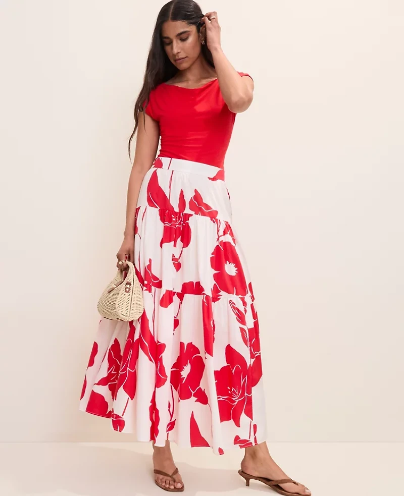 Ann Taylor Petite Floral Tiered Full Skirt Bright Cherry Women's