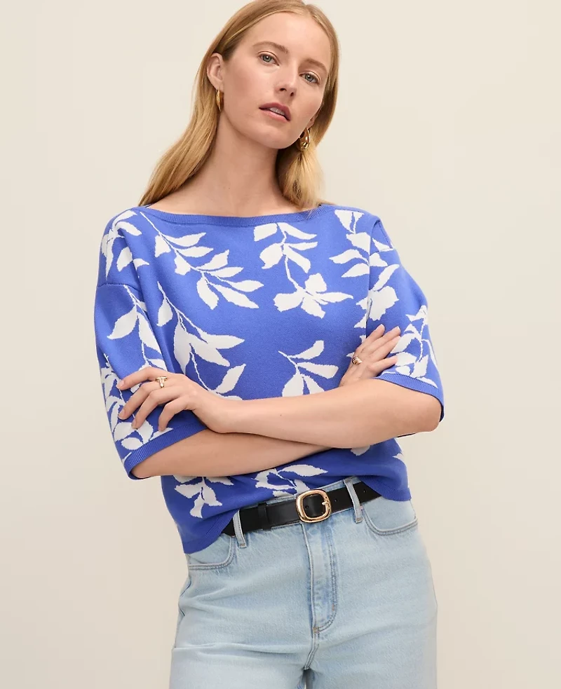 Ann Taylor Petite Floral Jacquard Boatneck Sweater Dream Blue Women's