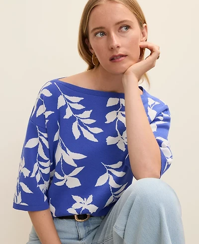 Ann Taylor Petite Floral Jacquard Boatneck Sweater Dream Blue Women's