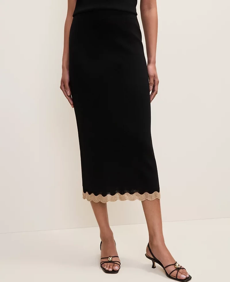 Ann Taylor Petite Metallic Trim Sweater Midi Skirt Black Women's