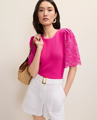 Ann Taylor Petite Lace Trimmed Sweater Top Bright Magenta Flower Women's