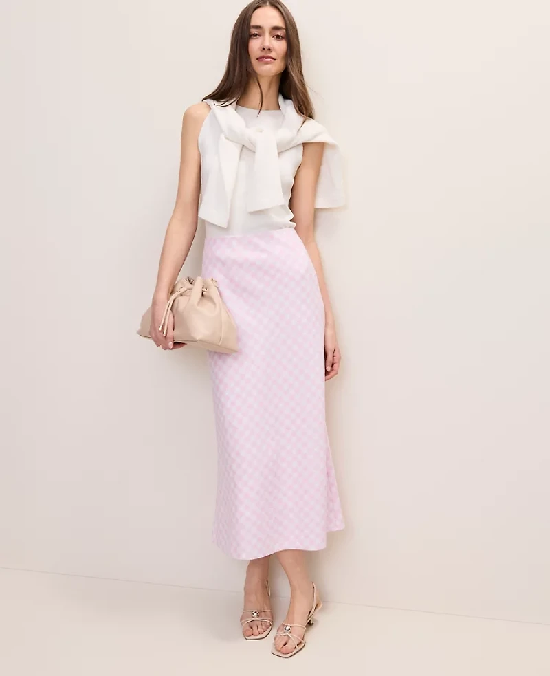 Ann Taylor Petite Gingham Linen Blend Midi Slip Skirt Vibrant Pink Women's