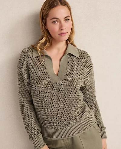 Ann Taylor Haven Well Within Cotton Wave Stitch Johnny Collar Sweater Vetiver-Haven Women's