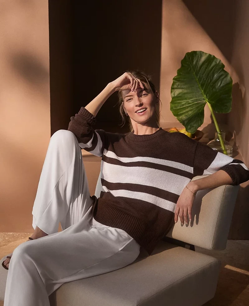 Ann Taylor Haven Well Within Cotton Linen Stripe Roll Neck Sweater White Women's