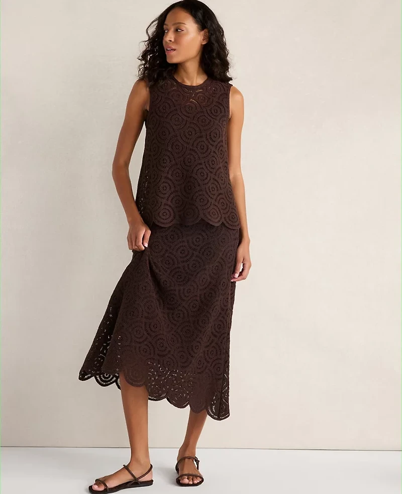 Ann Taylor Haven Well Within Cotton Crochet Scalloped Midi Skirt Coffee Bean Women's