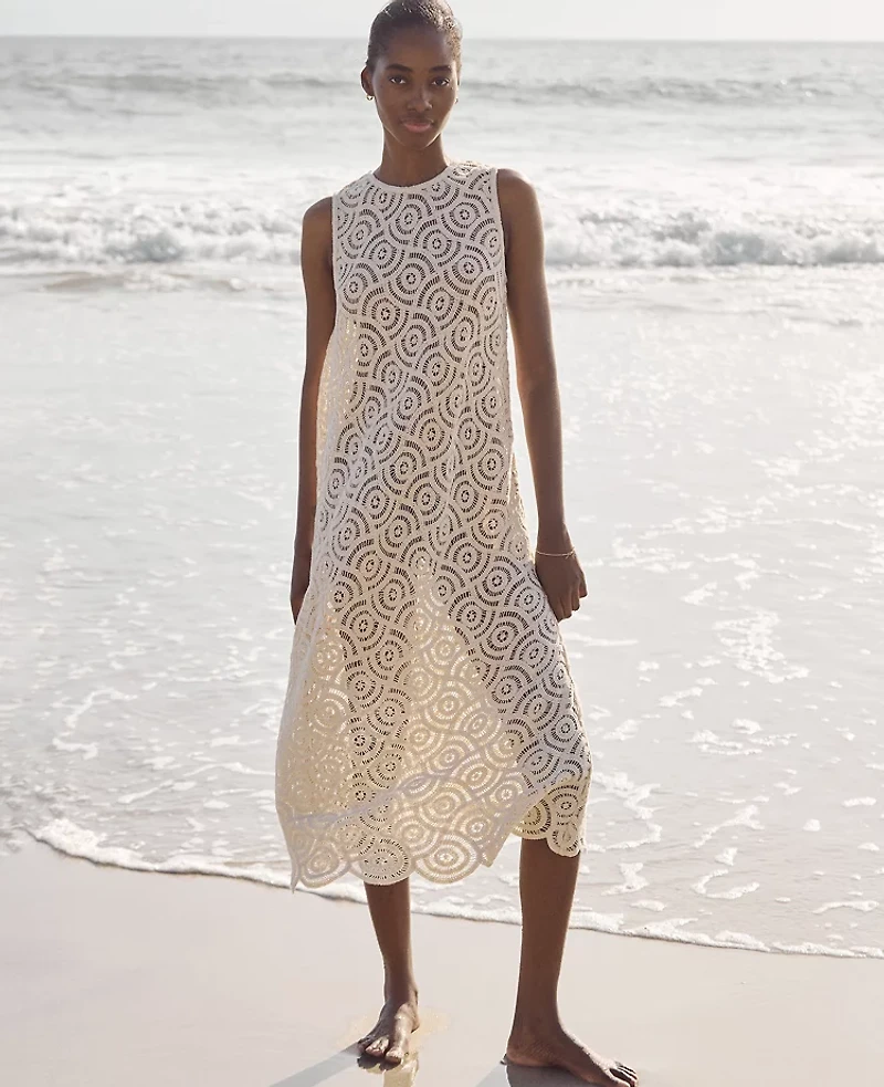 Ann Taylor Haven Well Within Cotton Crochet Scalloped Midi Dress Natural Women's