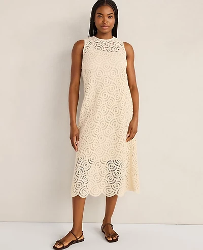 Ann Taylor Haven Well Within Cotton Crochet Scalloped Midi Dress Natural Women's