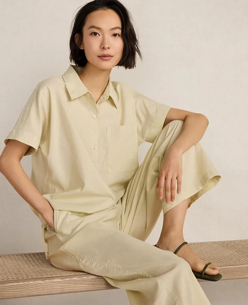 Ann Taylor Haven Well Within Organic Cotton Linen Button-Down Top Soft Spring Green Women's