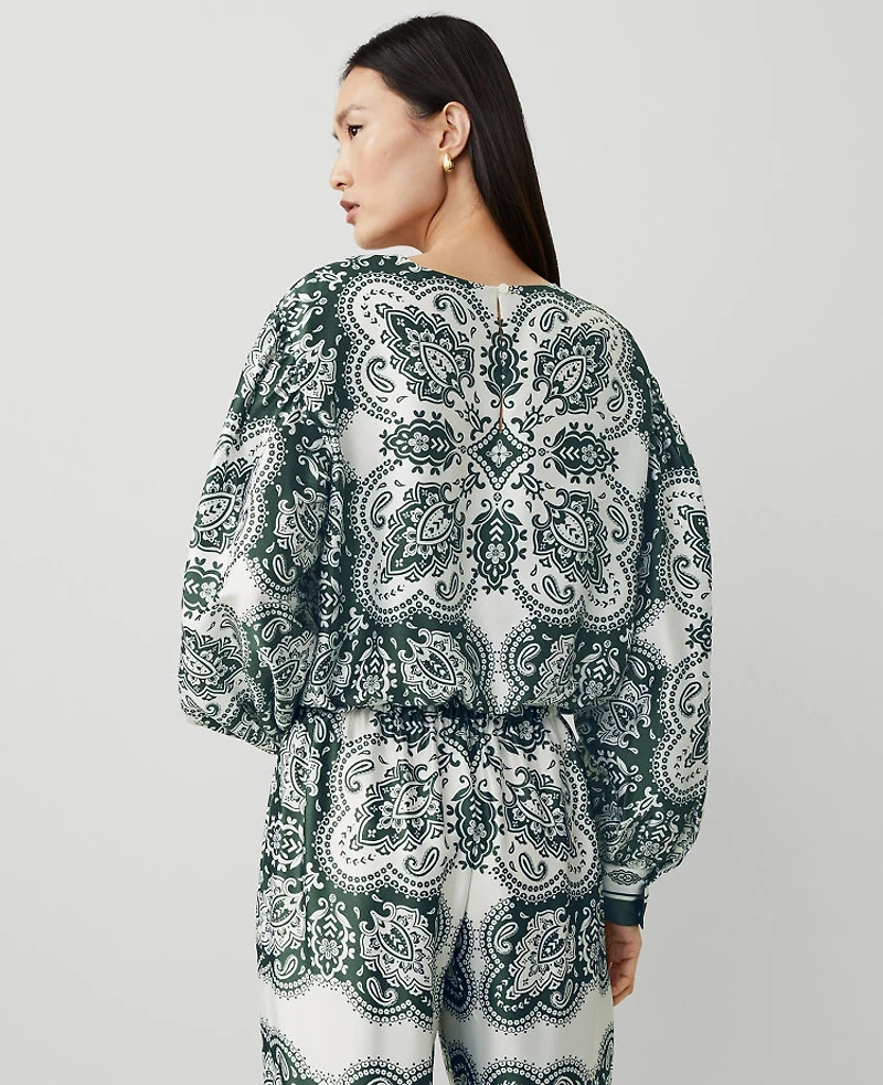 Ann Taylor Petite Paisley Satin Shirred Bubble Top Size 2XS Dried Cilantro Women's