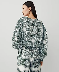 Ann Taylor Petite Paisley Satin Shirred Bubble Top Size 2XS Dried Cilantro Women's