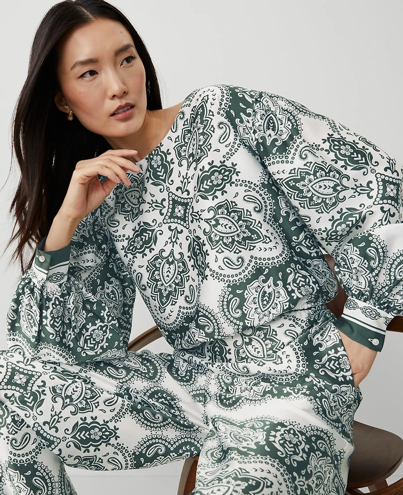 Ann Taylor Petite Paisley Satin Shirred Bubble Top Size 2XS Dried Cilantro Women's