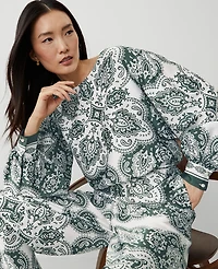 Ann Taylor Petite Paisley Satin Shirred Bubble Top Size 2XS Dried Cilantro Women's