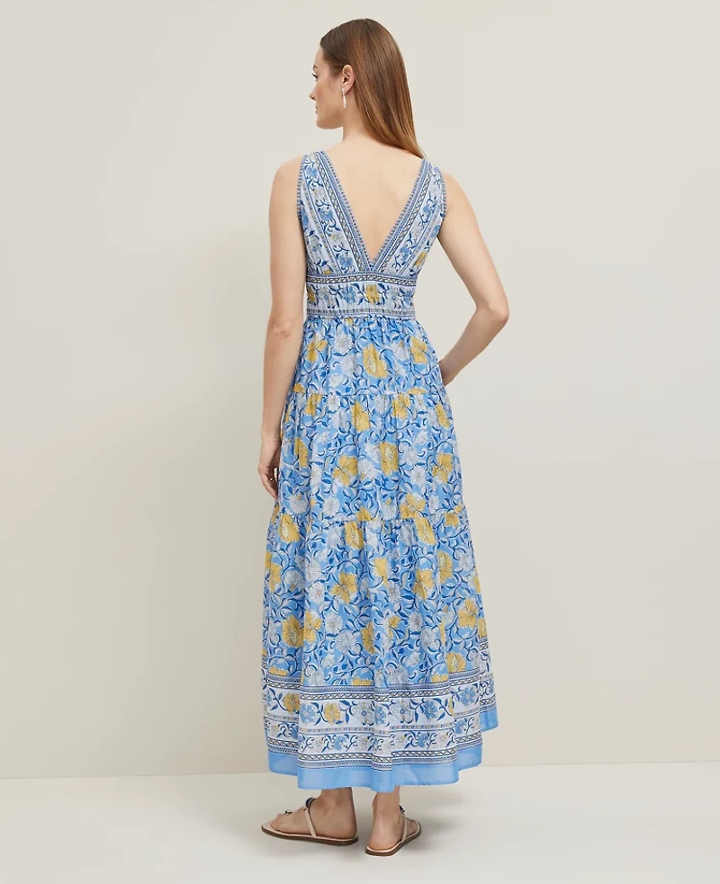 Ann Taylor Floral V-Neck Flare Maxi Dress Size 12 Maritime Blue Women's