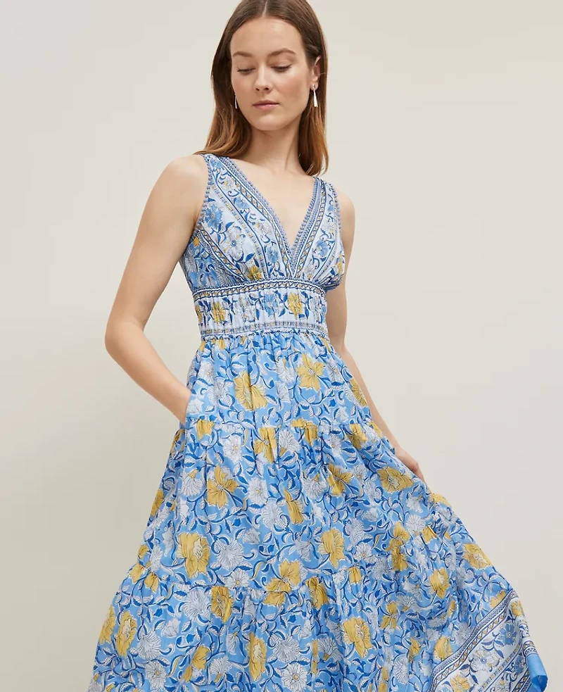 Ann Taylor Floral V-Neck Flare Maxi Dress Size 12 Maritime Blue Women's