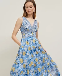 Ann Taylor Floral V-Neck Flare Maxi Dress Size 12 Maritime Blue Women's