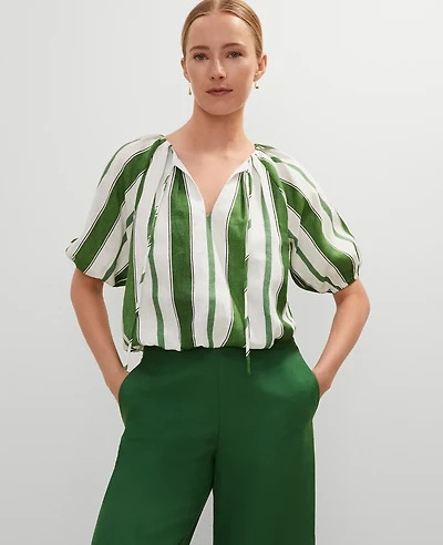 Ann Taylor Linen Blend Bubble Hem Blouse Leafy Green Women's