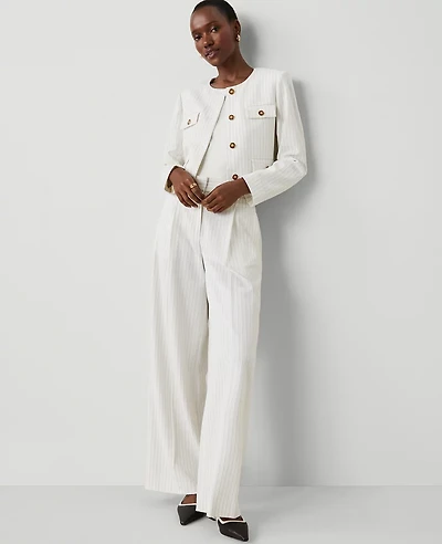 Ann Taylor The Petite Pleated Wide-Leg Pant in Pinstripe Size 12 Dusty Ivory Melange Women's