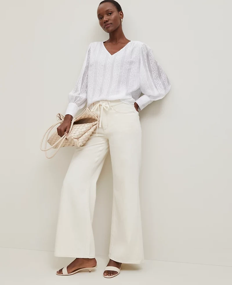 Ann Taylor Embroidered V-Neck Popover Top Size 2XS White Women's