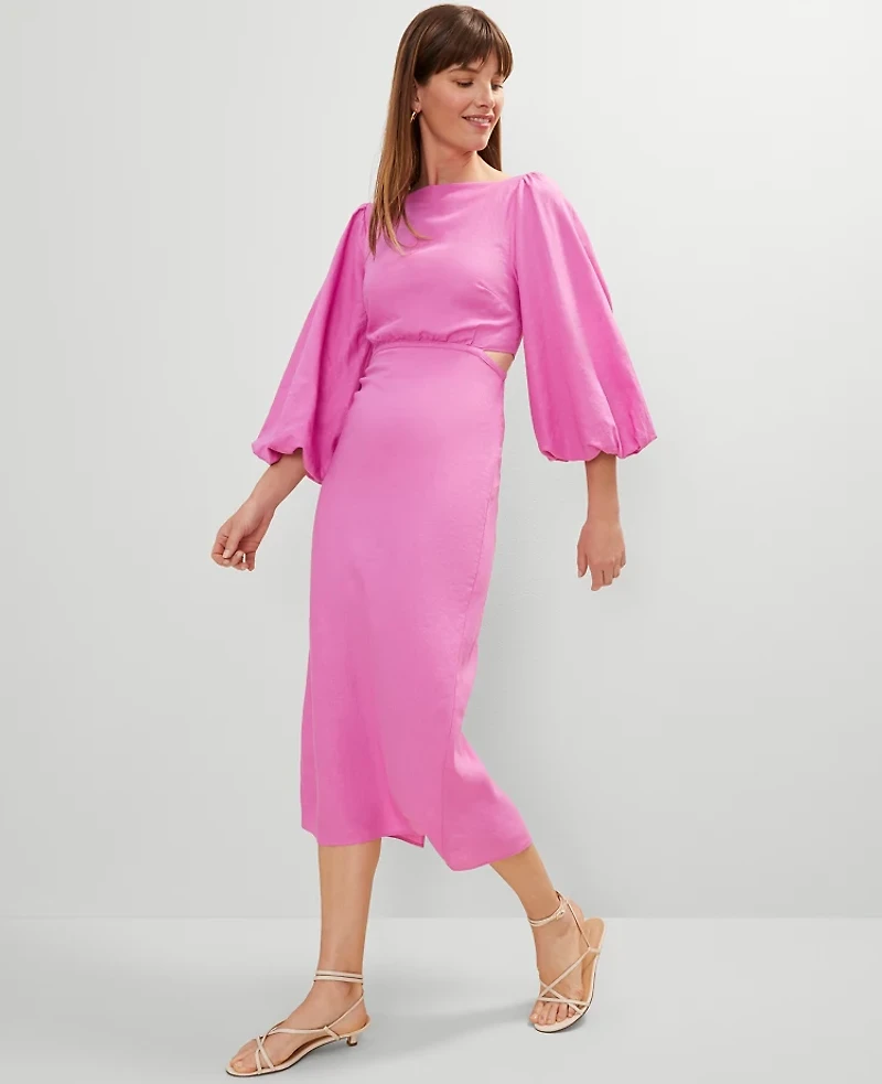 Ann Taylor Linen Blend Puff Sleeve Midi Dress Pink Orchid Women's