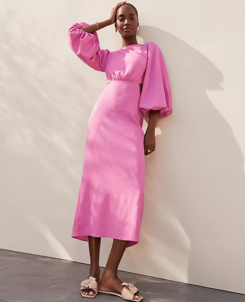 Ann Taylor Linen Blend Puff Sleeve Midi Dress Pink Orchid Women's