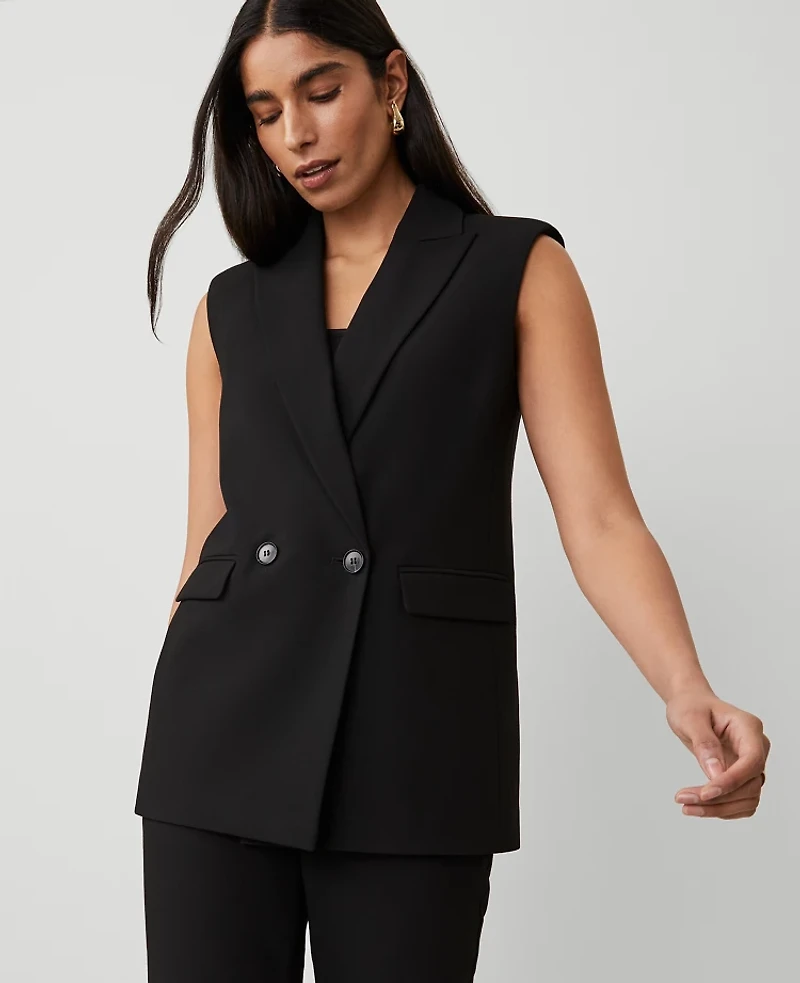 Ann Taylor The Petite Double Breasted Vest Bi-Stretch Black Women's