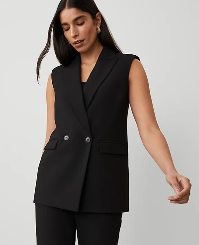 Ann Taylor The Petite Double Breasted Vest Bi-Stretch Black Women's