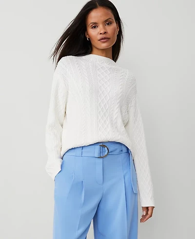 Ann Taylor Petite Mixed Cable Mock Neck Sweater Winter White Women's