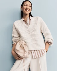 Ann Taylor Petite Geo Stitch V-Neck Sweater Size Large Winter White Women's