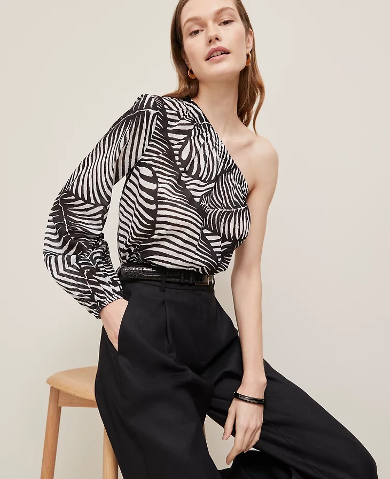 Ann Taylor One-Shoulder Blouse Palm Print Black Women's