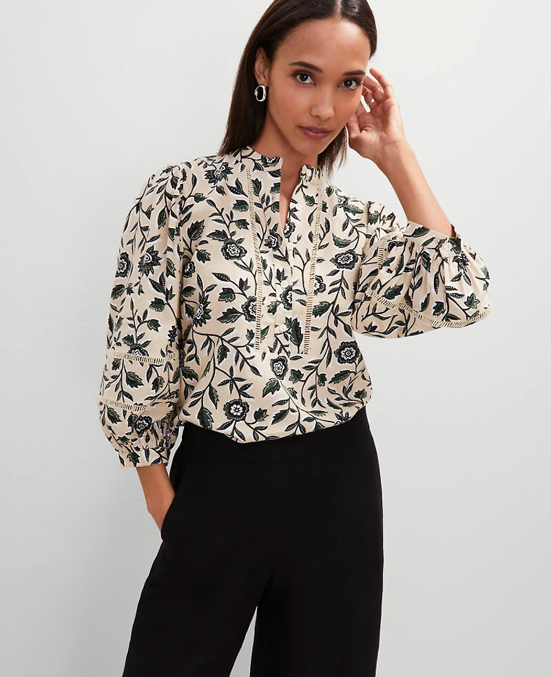 Ann Taylor Floral Linen Blend Top Size Large Sands Edge Women's