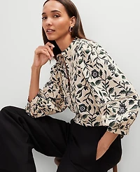Ann Taylor Floral Linen Blend Top Size Large Sands Edge Women's