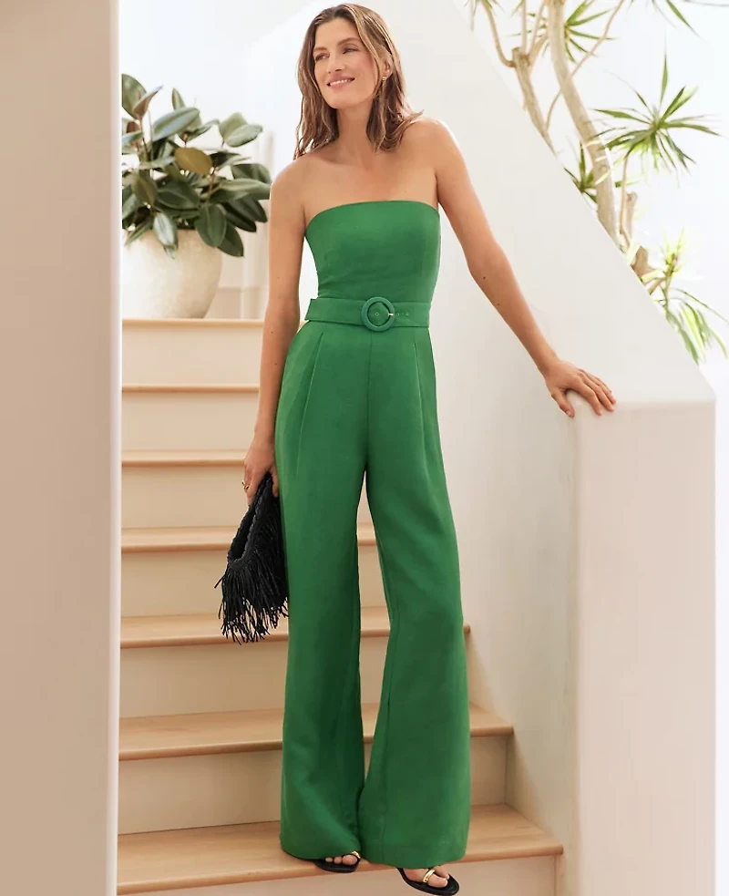 Ann Taylor Belted Strapless Linen Blend Jumpsuit Natural Green Women's