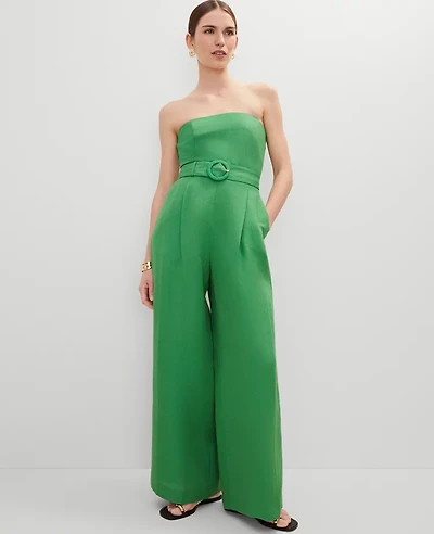 Ann Taylor Belted Strapless Linen Blend Jumpsuit Natural Green Women's
