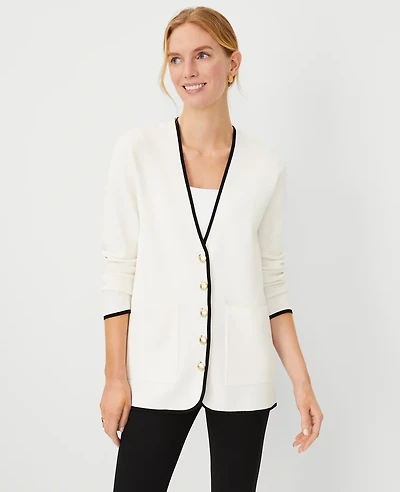 Ann Taylor Petite Tipped V-Neck Sweater Blazer Size XS Winter White Women's
