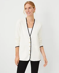 Ann Taylor Petite Tipped V-Neck Sweater Blazer Size XS Winter White Women's