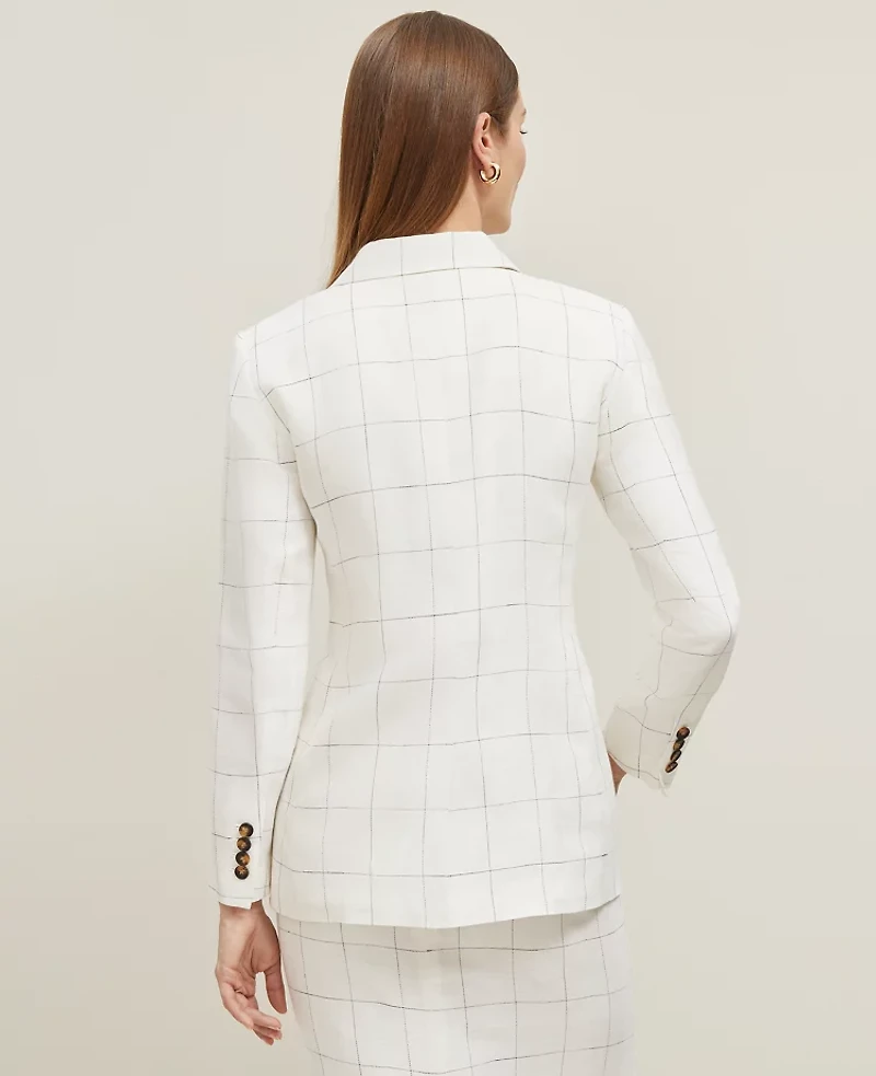 Ann Taylor The Fitted One Button Blazer Windowpane Linen Blend White/Black Multi Women's