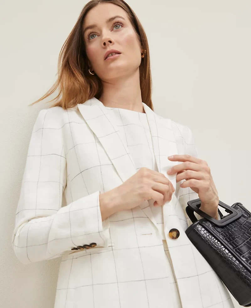 Ann Taylor The Fitted One Button Blazer Windowpane Linen Blend White/Black Multi Women's
