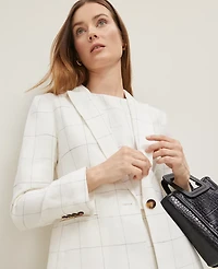 Ann Taylor The Fitted One Button Blazer Windowpane Linen Blend White/Black Multi Women's