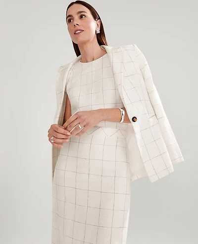 Ann Taylor The Fitted One Button Blazer in Windowpane Linen Blend Size 14 White/Black Multi Women's