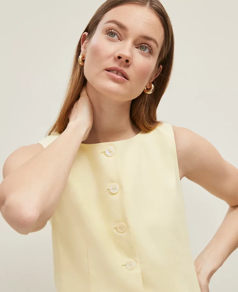 Ann Taylor Linen Blend Long Vest Yellow Buttercream Women's