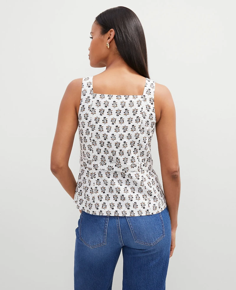 Ann Taylor Floral Linen Blend Tie Waist Top Size 14 Winter White Women's
