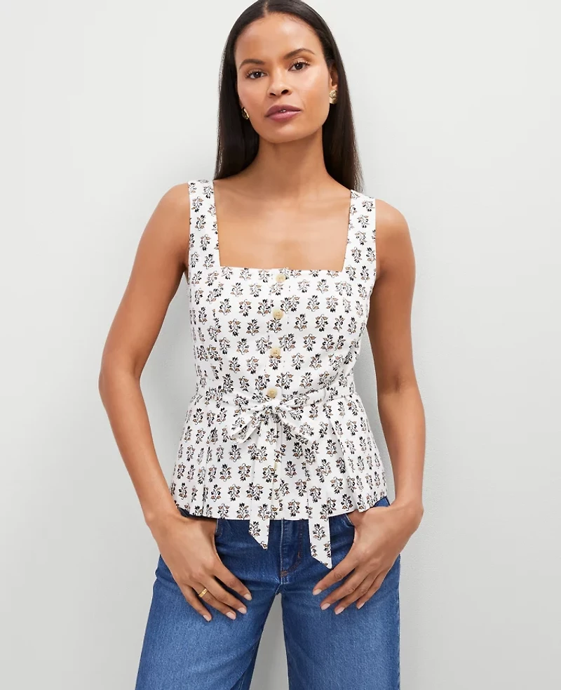 Ann Taylor Floral Linen Blend Tie Waist Top Size 14 Winter White Women's