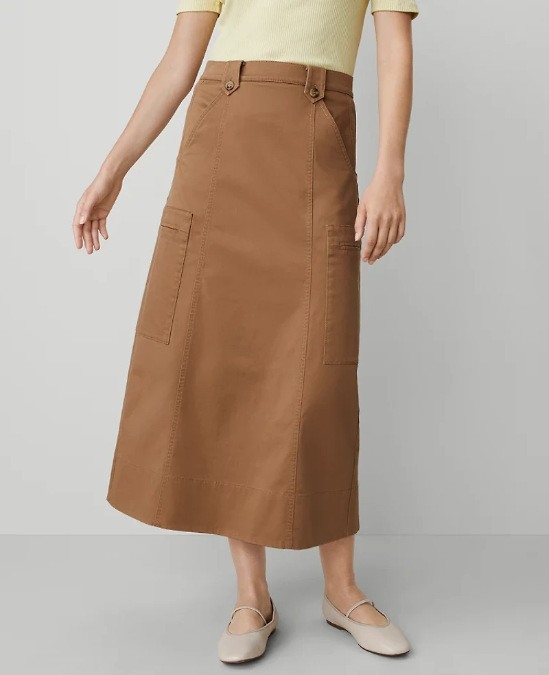 Ann Taylor Petite Weekend Collection Sateen Cargo Midi Skirt Size 00 French Toast Women's