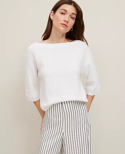 Ann Taylor Geo Stitch Boatneck Sweater Size Medium White Women's