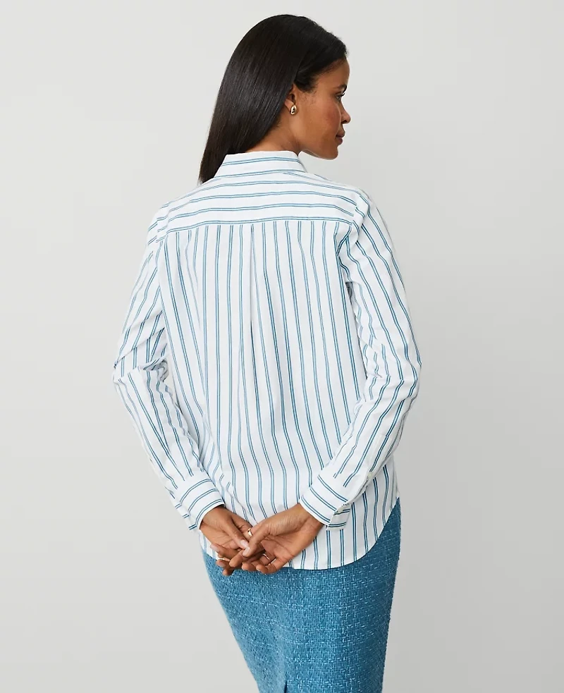 Ann Taylor Petite Stripe Relaxed Perfect Shirt Gulf Blue Women's