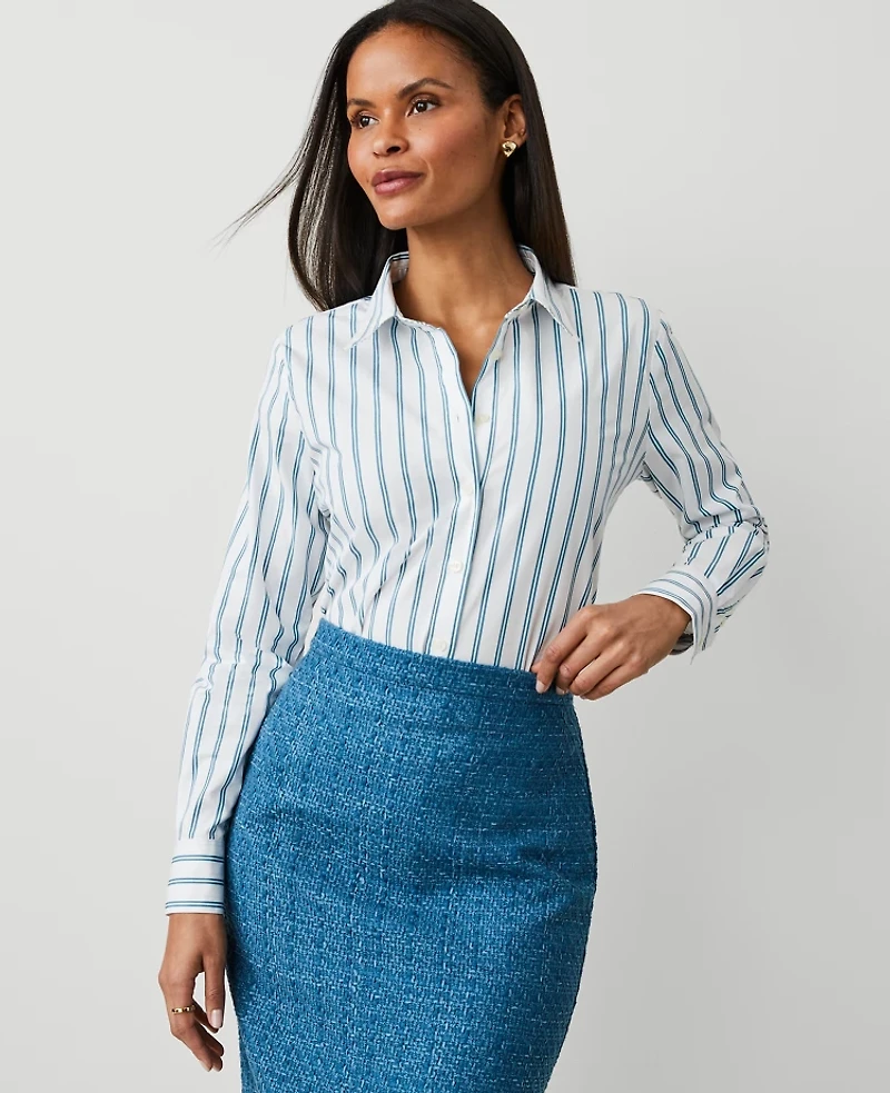 Ann Taylor Petite Stripe Relaxed Perfect Shirt Gulf Blue Women's