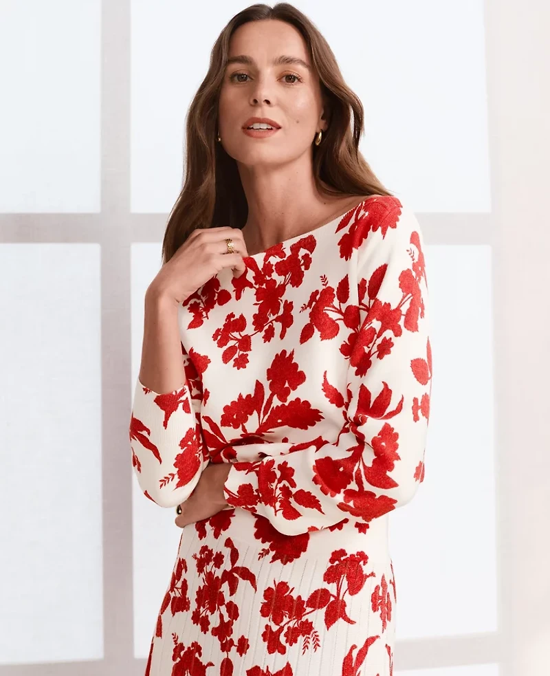 Ann Taylor Tropical Slash Neck Sweater Size Large Bright Cherry Women's