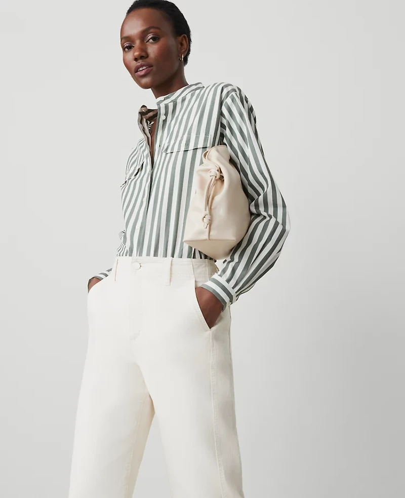 Ann Taylor Petite Striped Oversized Pocket Shirt Size Small Topiary Green Women's